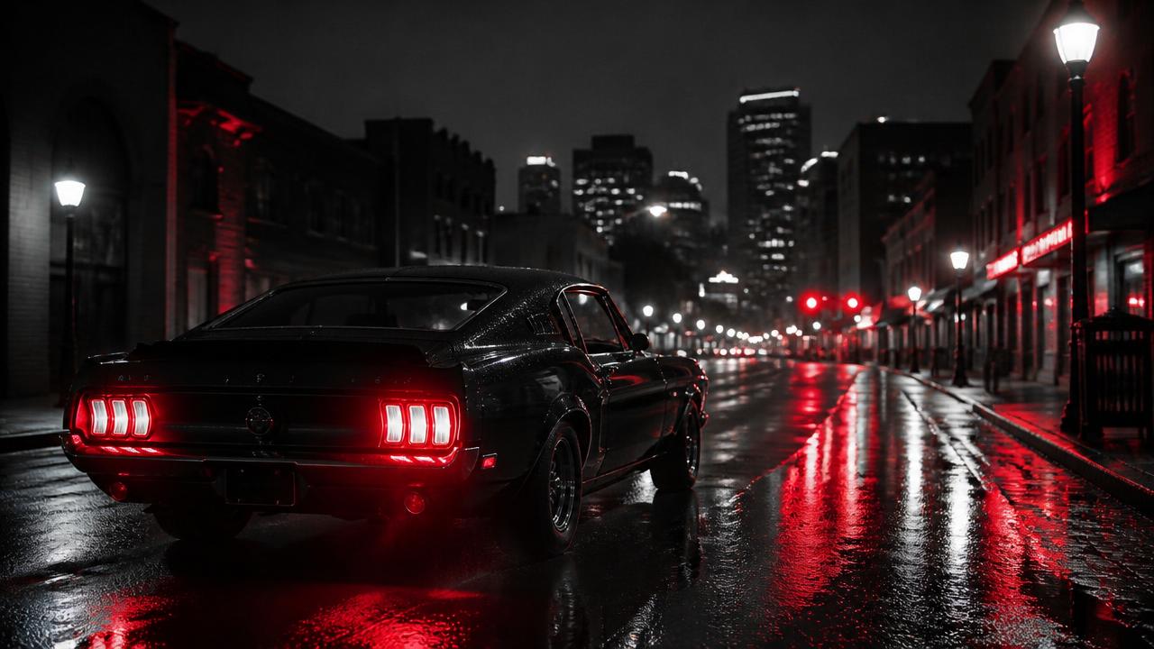 Black muscle car on a wet street under red lights at night